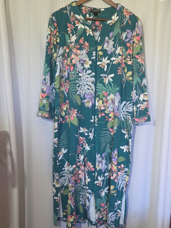 Miss Elaine Other - Miss Elaine Relax Size XL Robe Front Zip Green Floral Side Seam Slit Long Sleeve